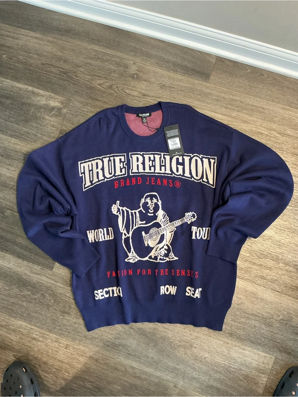 True Religion Navy Crewneck Sweater with White and Red Graphic